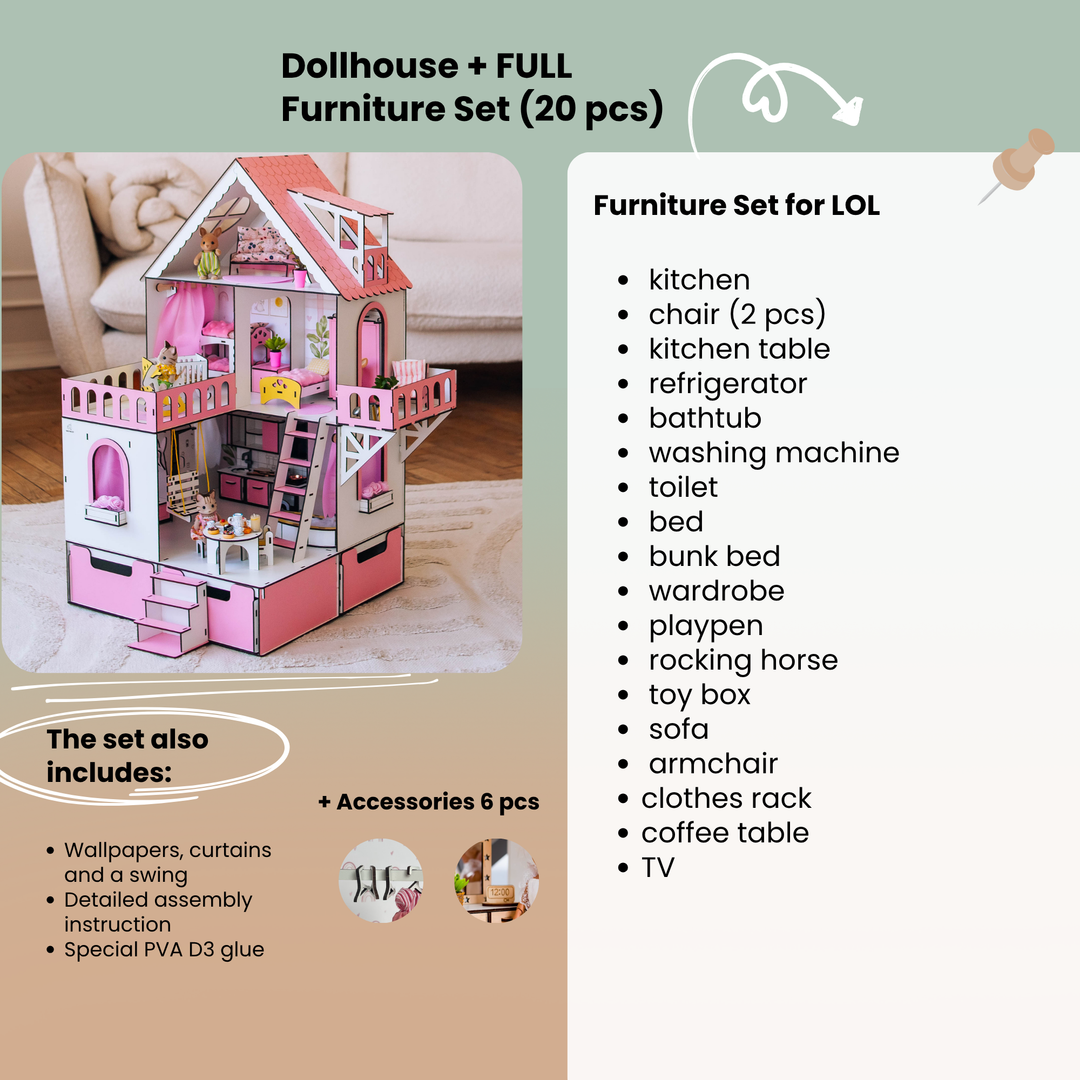Dollhouse with furniture set and list of included items on a green background