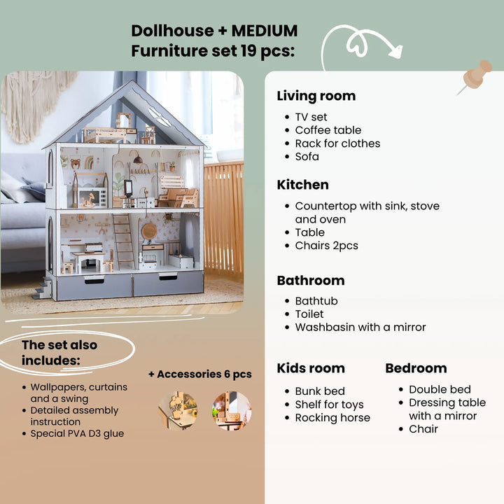 Dollhouse with furniture set and list of included items on a green background