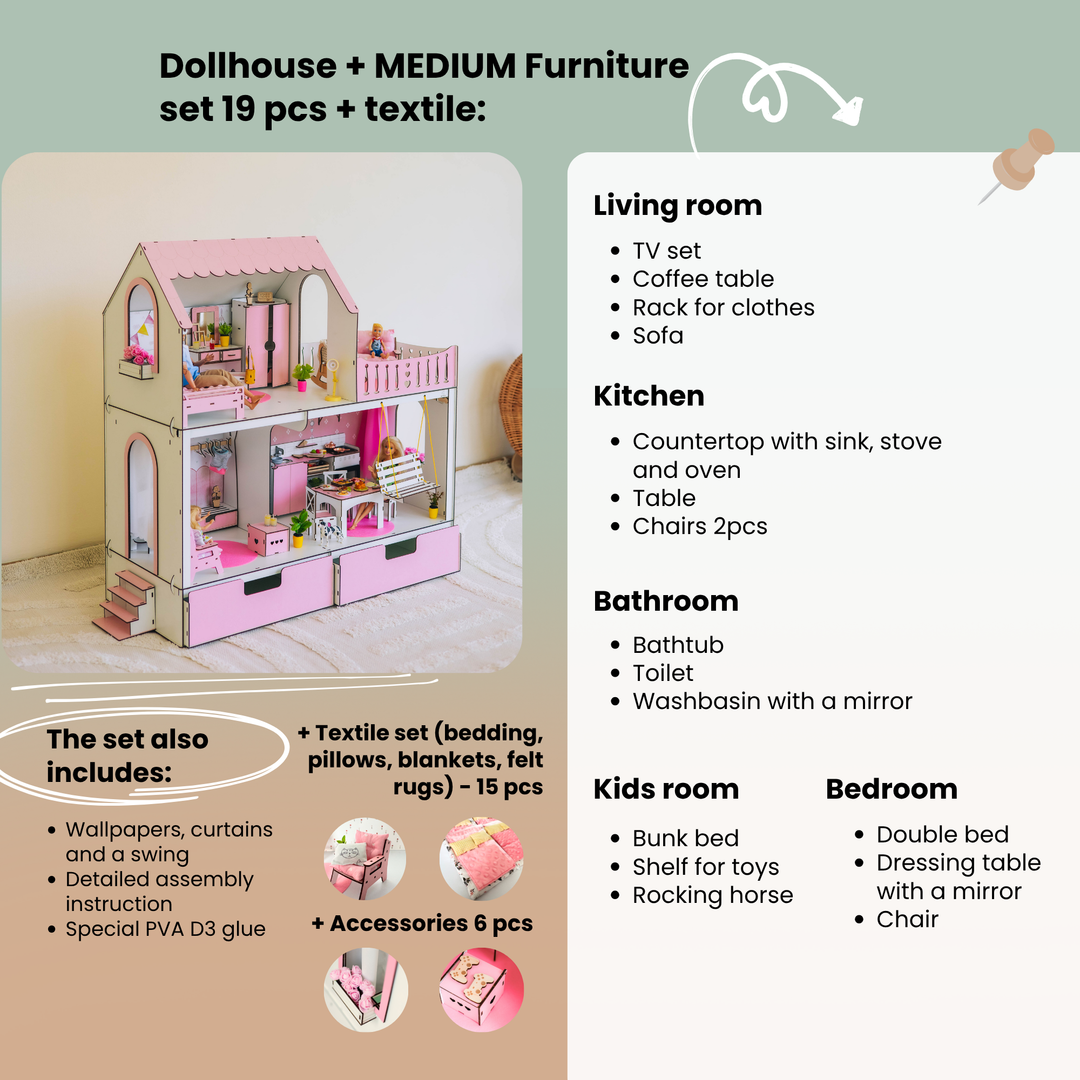 Dollhouse with furniture set and living room layout description