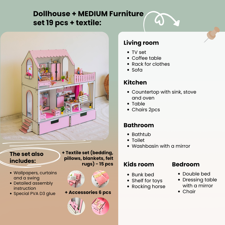 Dollhouse with furniture set and living room layout description