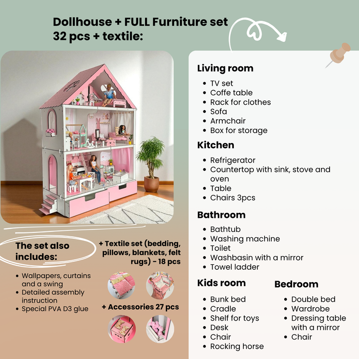 Dollhouse with furniture set and living room layout on a beige background