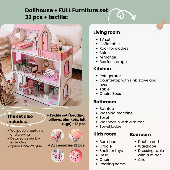 Dollhouse with furniture set and living room layout on a light green background