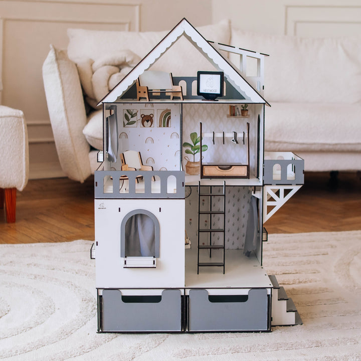 Dollhouse with furniture set and text detailing included items.