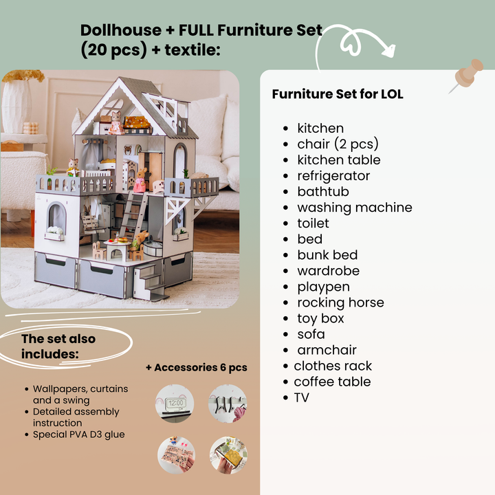 Dollhouse with furniture set and text detailing included items.