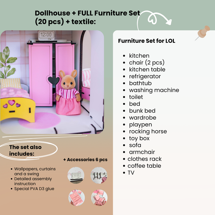 Dollhouse with furniture set and text listing included items