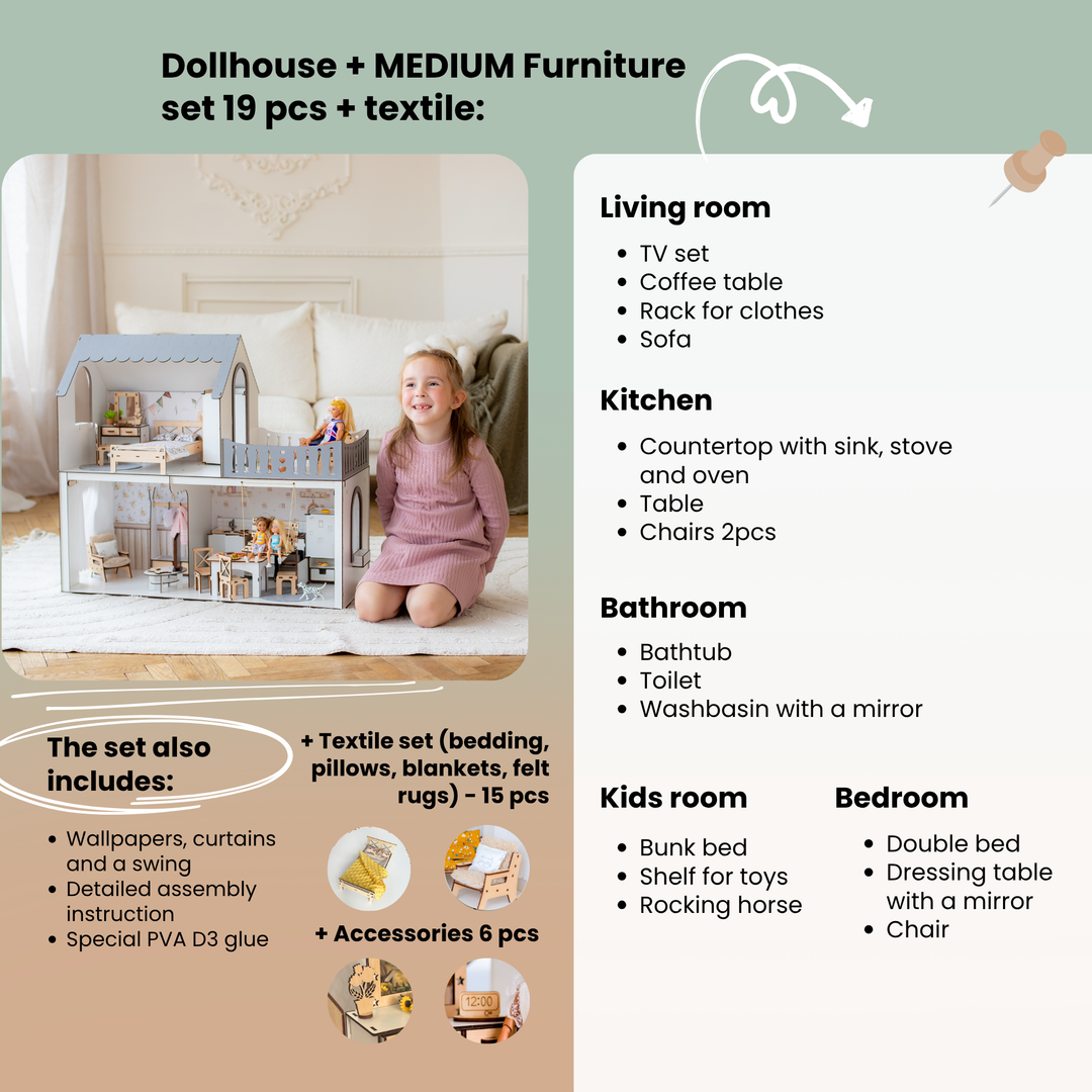 Dollhouse with medium furniture set and child playing with it, accompanied by a list of included items.