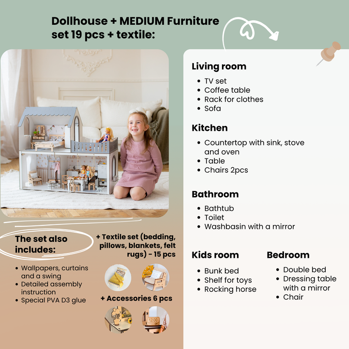 Dollhouse with medium furniture set and child playing with it, accompanied by a list of included items.