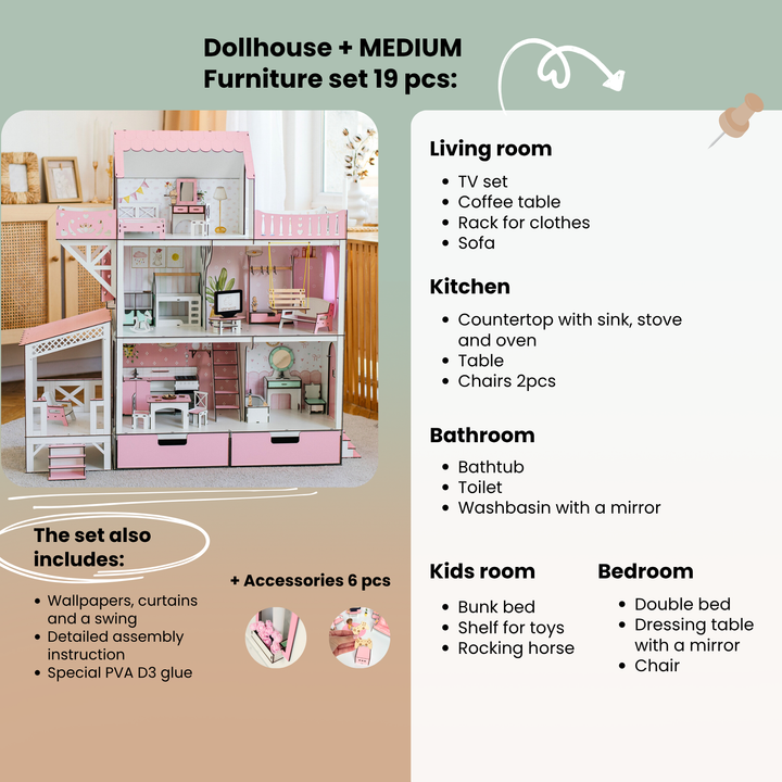 Dollhouse with medium furniture set and features listed on a green background