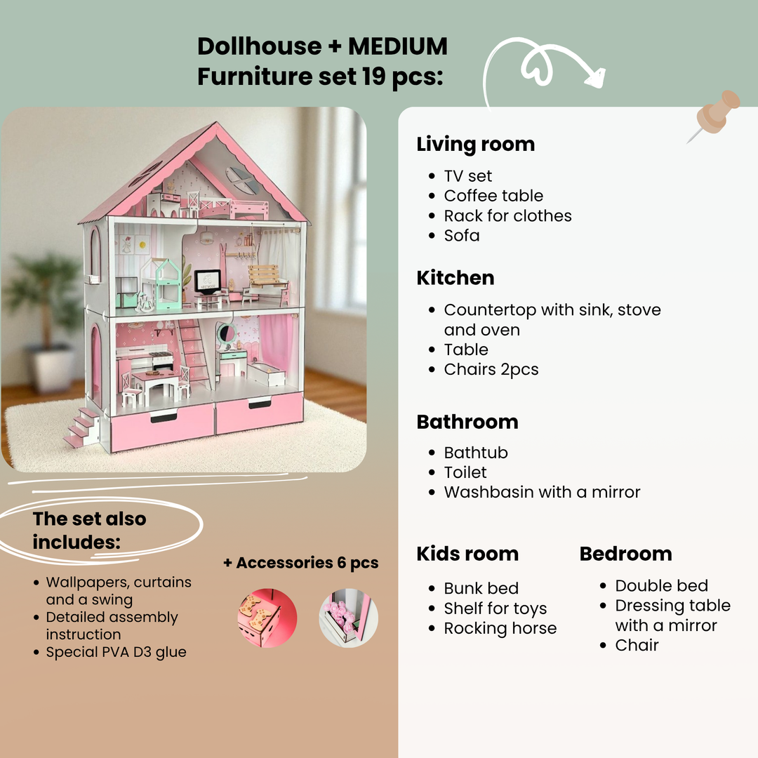 Dollhouse with medium furniture set and list of included items on a green background