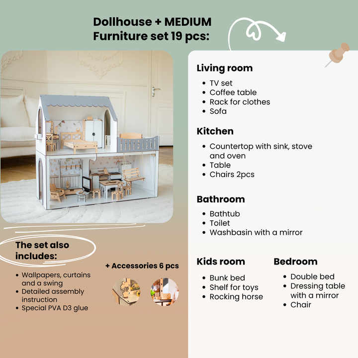 Dollhouse with medium furniture set and list of included items on a light green background