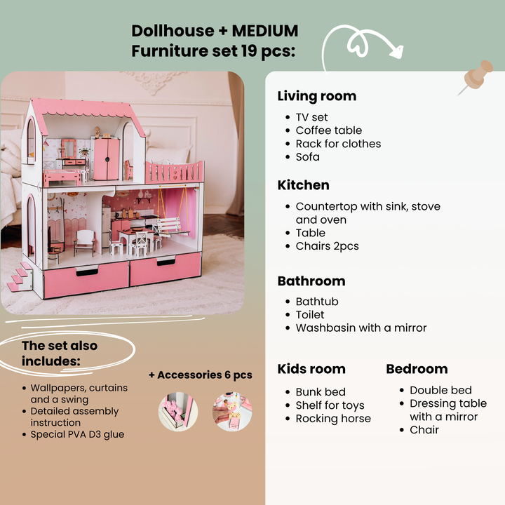 Dollhouse with medium furniture set and product details on a green background