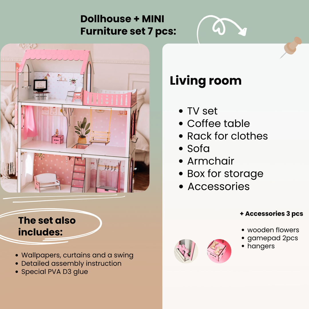 Dollhouse with mini furniture set and living room details on a green background