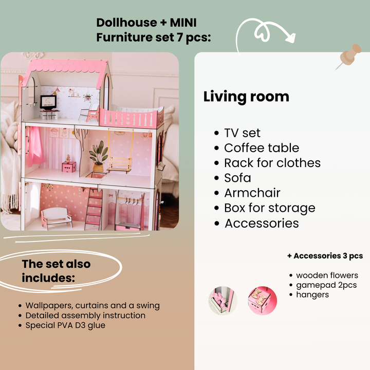 Dollhouse with mini furniture set and living room details on a green background
