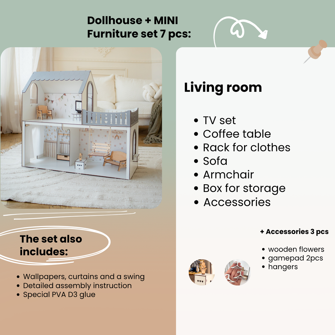 Dollhouse with miniature furniture set on a beige background