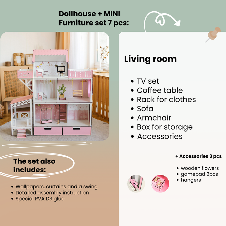 Dollhouse with miniature furniture set and living room furniture list on a green background