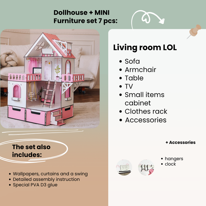 Dollhouse with miniature furniture set on a beige background