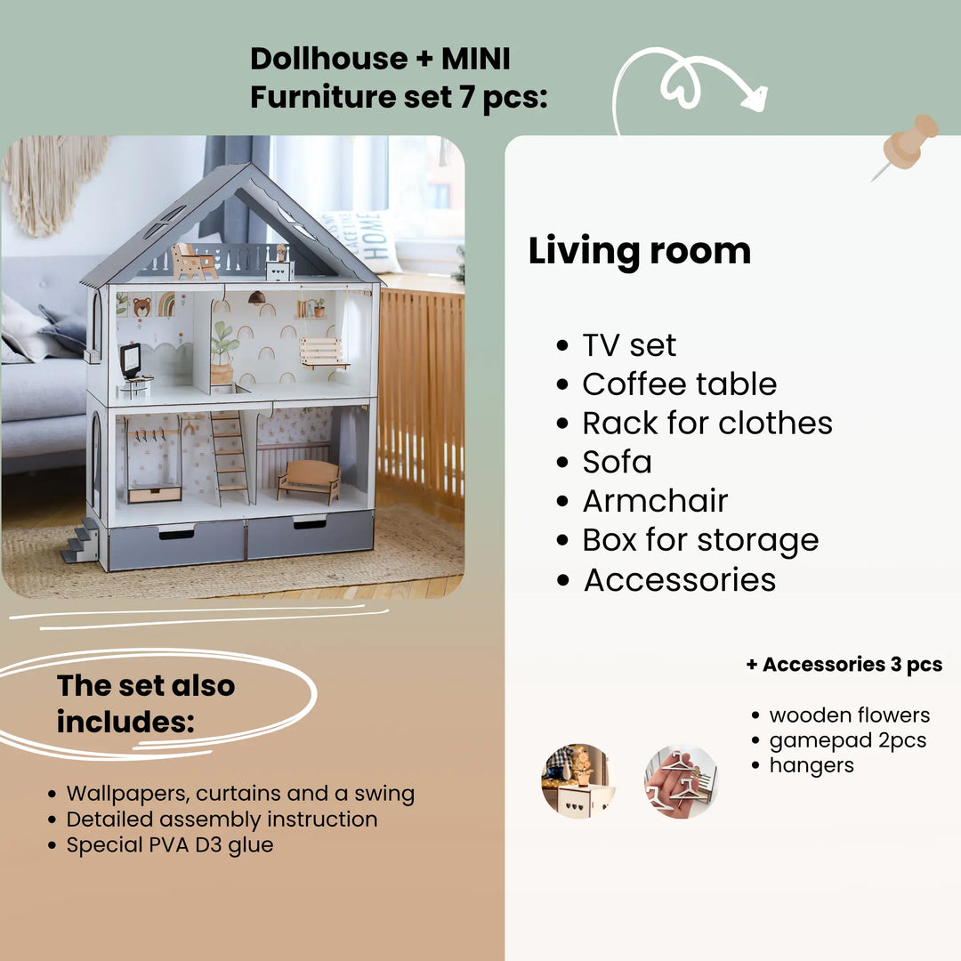 Dollhouse with miniature furniture set on a beige surface, accompanied by text detailing included items.