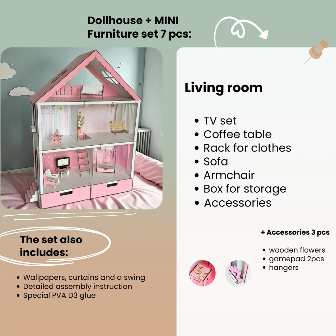 Dollhouse with miniature furniture set on a light green background