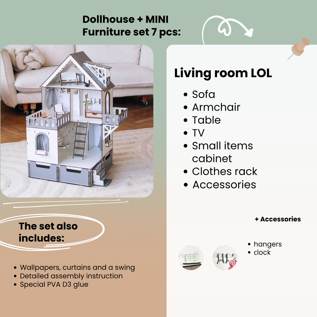 Dollhouse with miniature furniture set on a living room background