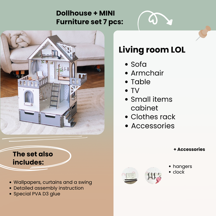Dollhouse with miniature furniture set on a living room background