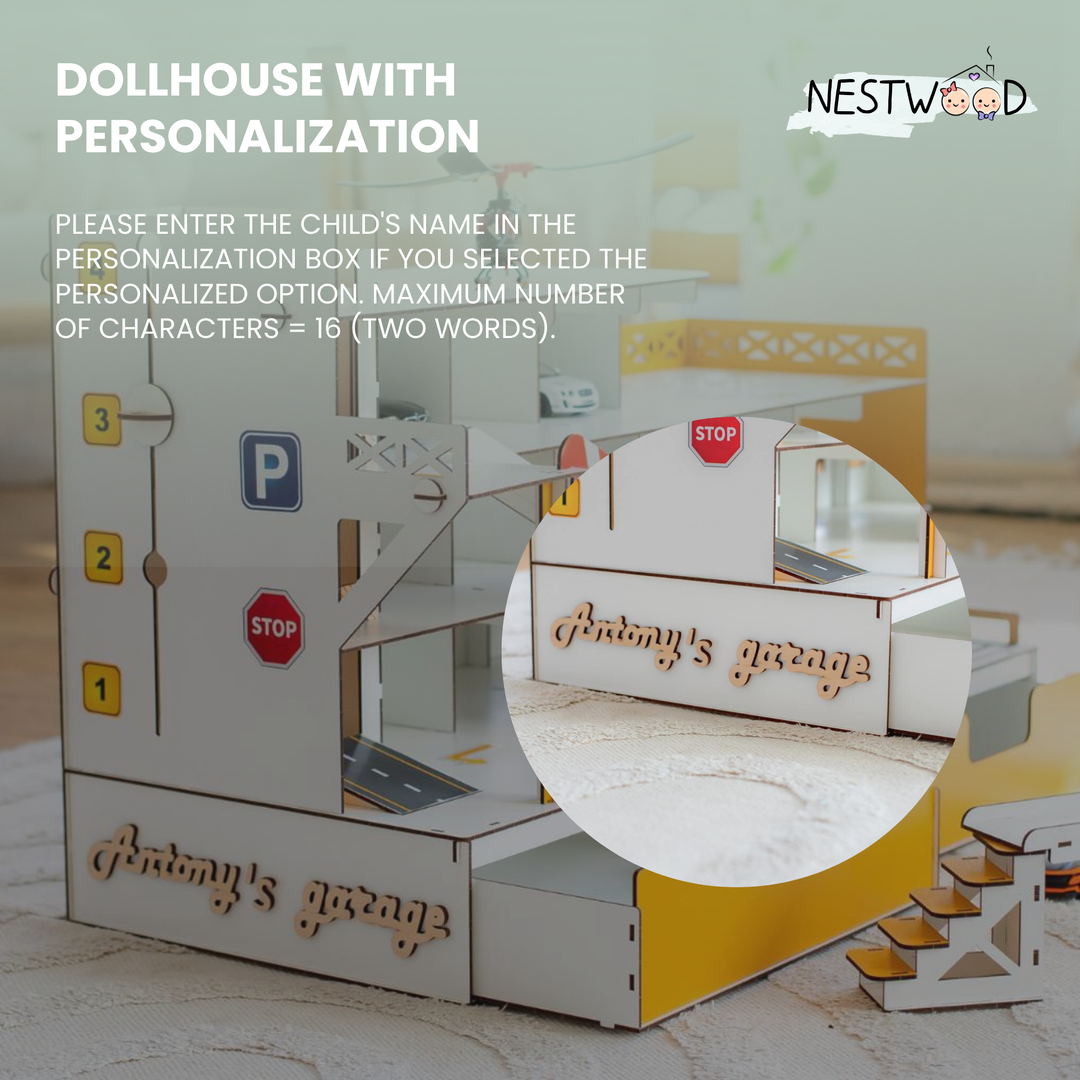 Dollhouse with personalized name 'Antony's garage' on a light background