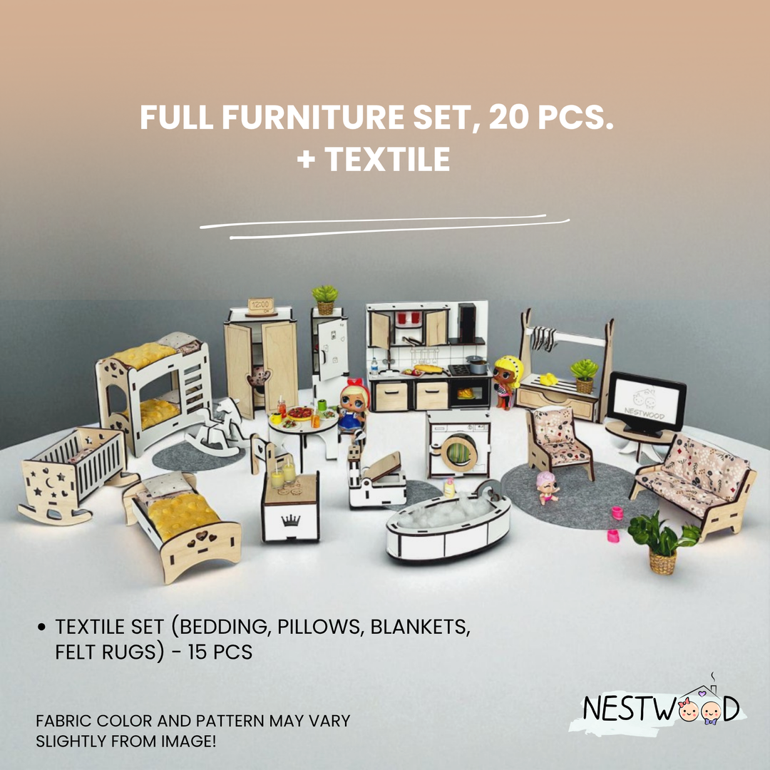 Full furniture set with textile for a room setup, featuring various pieces including beds, chairs, and tables on a neutral background.