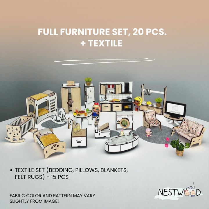 Full furniture set with textile for a room setup, featuring various pieces including beds, chairs, and tables on a neutral background.
