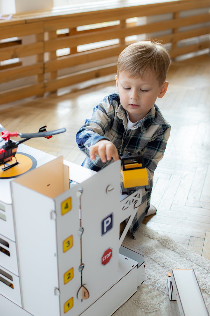 Toy garage parking with elevator and organizer scale 1:6 NestWood Maxi