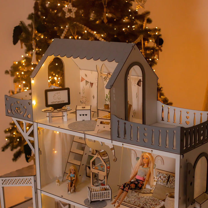 Wooden dollhouse Lux with Lights scale 1:6 NestWood Eco