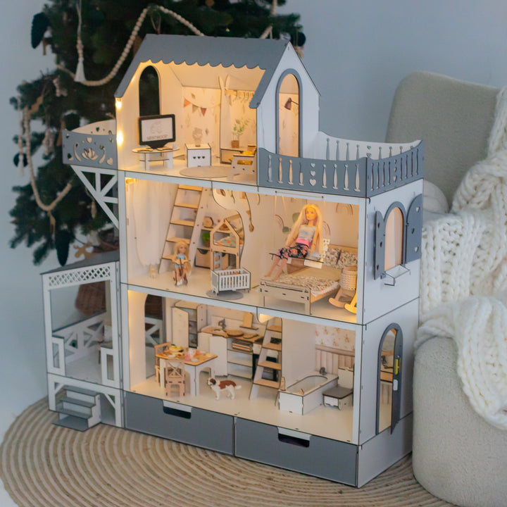 Wooden dollhouse Lux with Lights scale 1:6 NestWood Eco