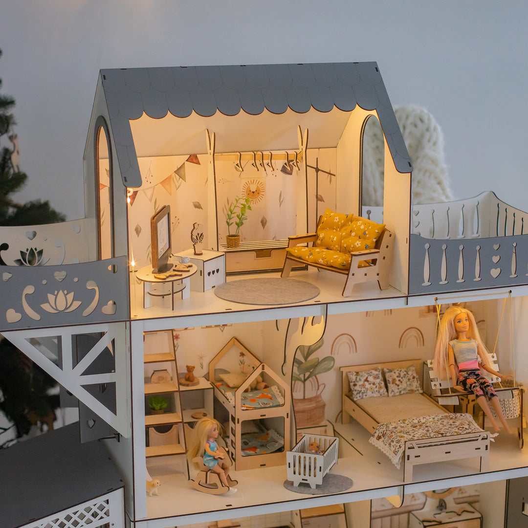 Wooden dollhouse Lux with Lights scale 1:6 NestWood Eco