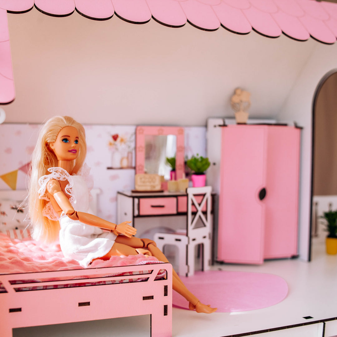 Wooden dollhouse Lux with organizer scale 1:6 NestWood pink
