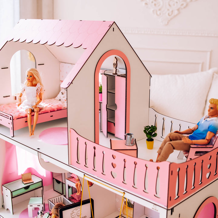 Wooden dollhouse Lux with organizer scale 1:6 NestWood pink