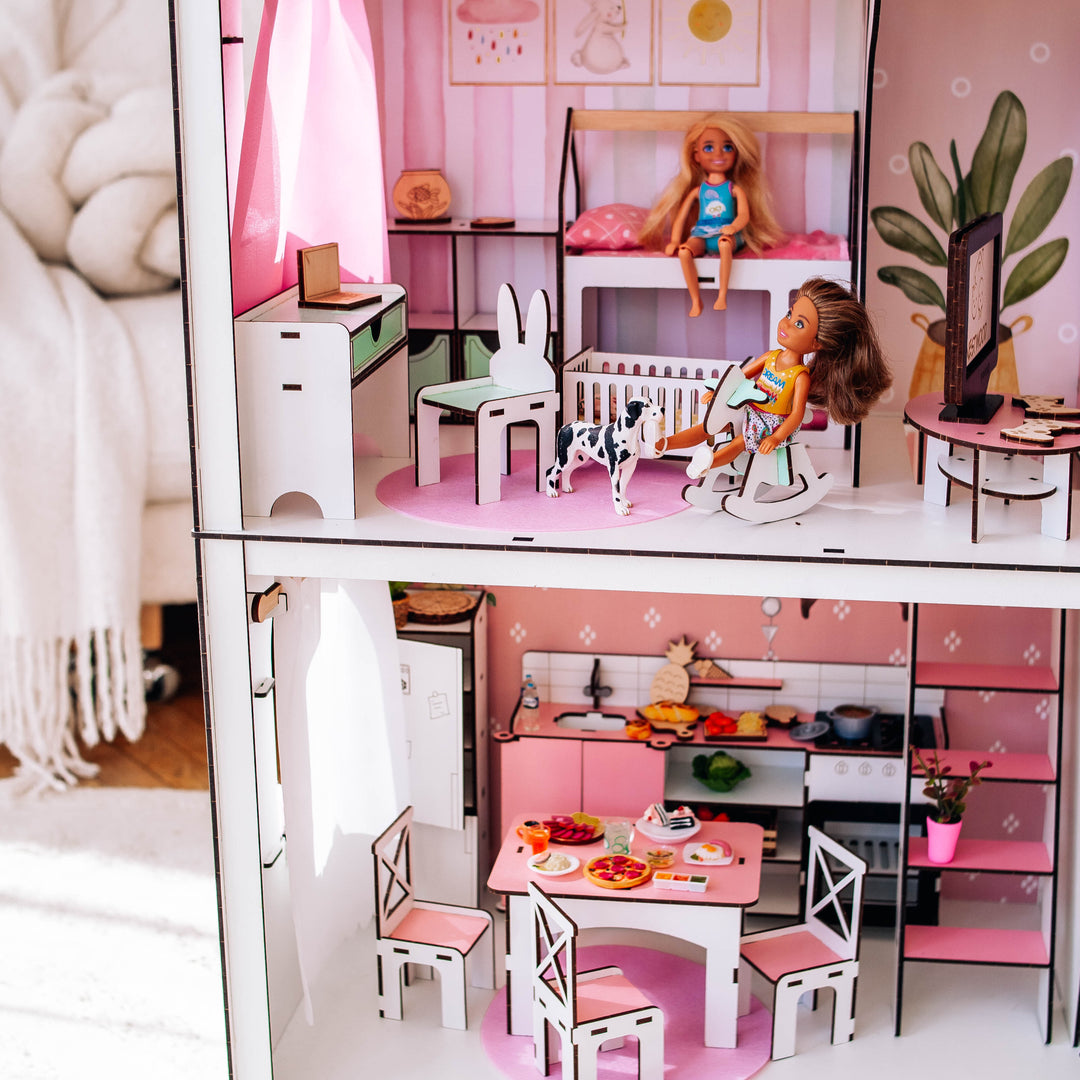 Wooden dollhouse Lux with organizer scale 1:6 NestWood pink