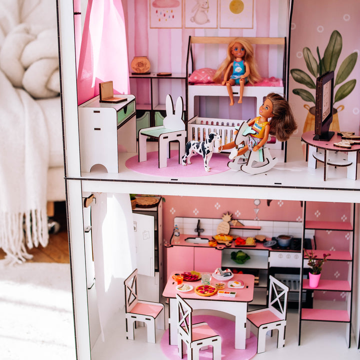 Wooden dollhouse Lux with organizer scale 1:6 NestWood pink