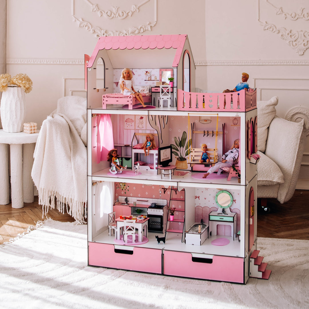 Wooden dollhouse Lux with organizer scale 1:6 NestWood pink