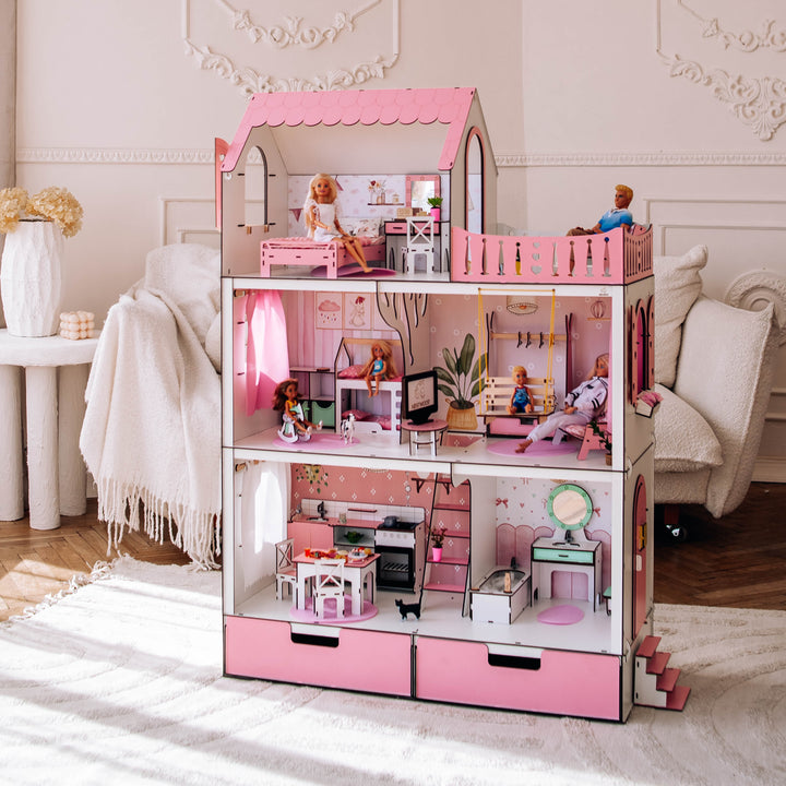 Wooden dollhouse Lux with organizer scale 1:6 NestWood pink