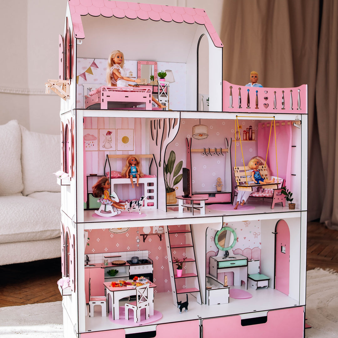 Wooden dollhouse Lux with organizer scale 1:6 NestWood pink