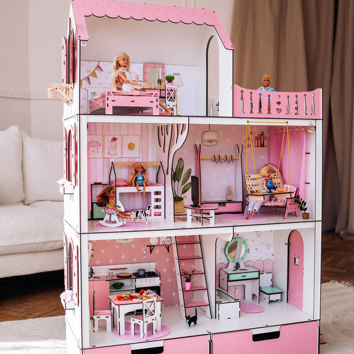 Wooden dollhouse Lux with organizer scale 1:6 NestWood pink