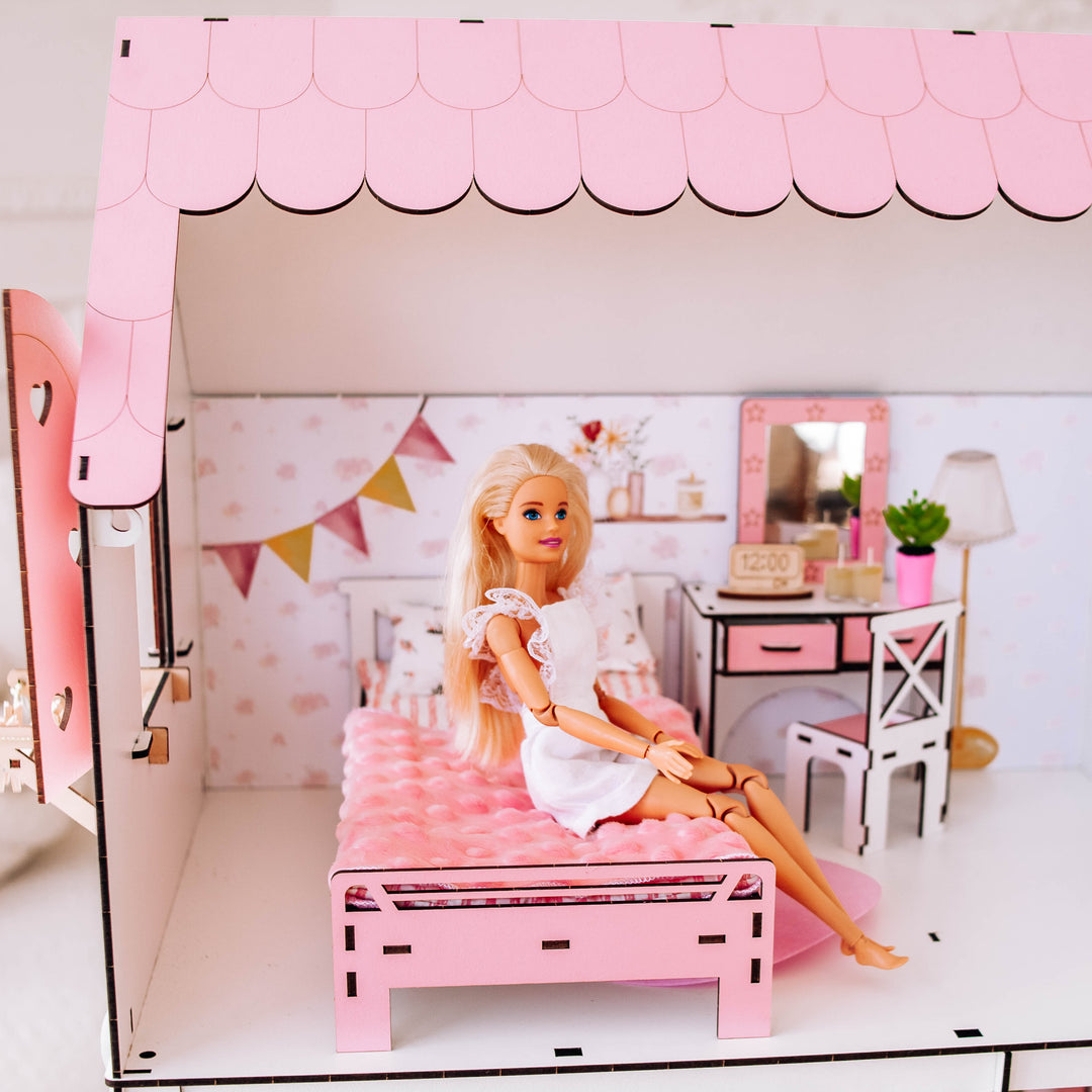 Wooden dollhouse Lux with organizer scale 1:6 NestWood pink