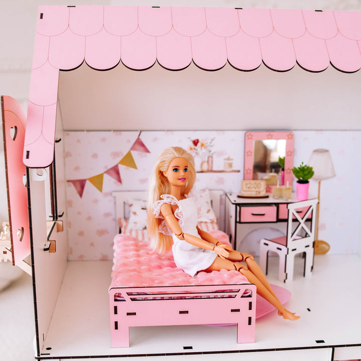 Wooden dollhouse Lux with organizer scale 1:6 NestWood pink