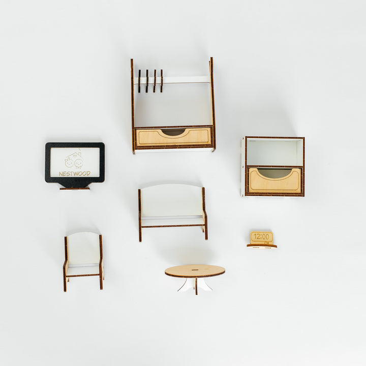 A minimalist mid-century modern furniture set displayed against a clean white wall, featuring a wooden wall-mounted shelf with a hanging rod, a small side table, two armchairs with white upholstery, a framed print, and a cabinet with a mirror.
