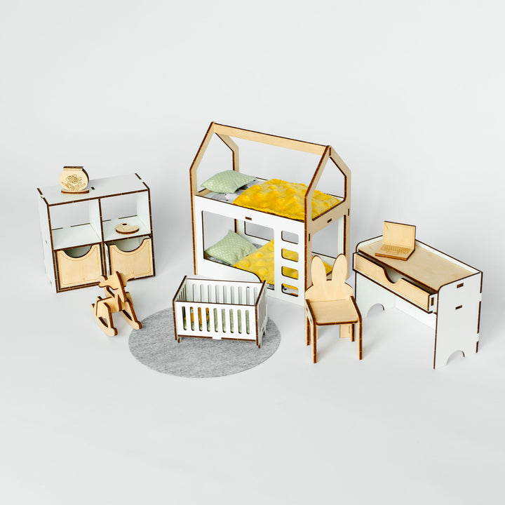 A miniature wooden toy furniture set for dolls, featuring a house-shaped bed with yellow bedding, a crib, a dresser, a chair, and a small wooden horse, arranged on a light gray background.