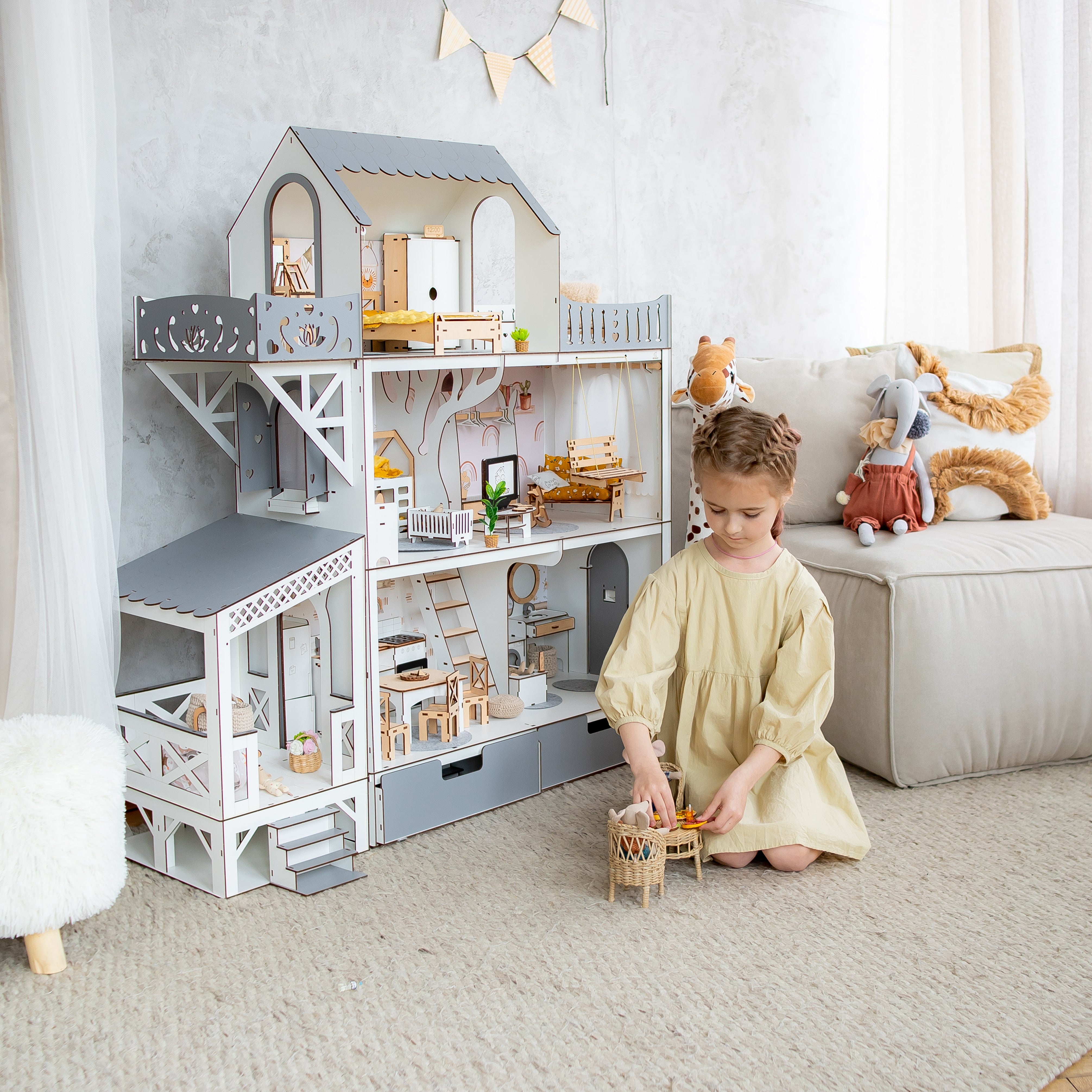 Big Wooden dollhouse Lux with organizer balcony and terrace – NESTWOOD