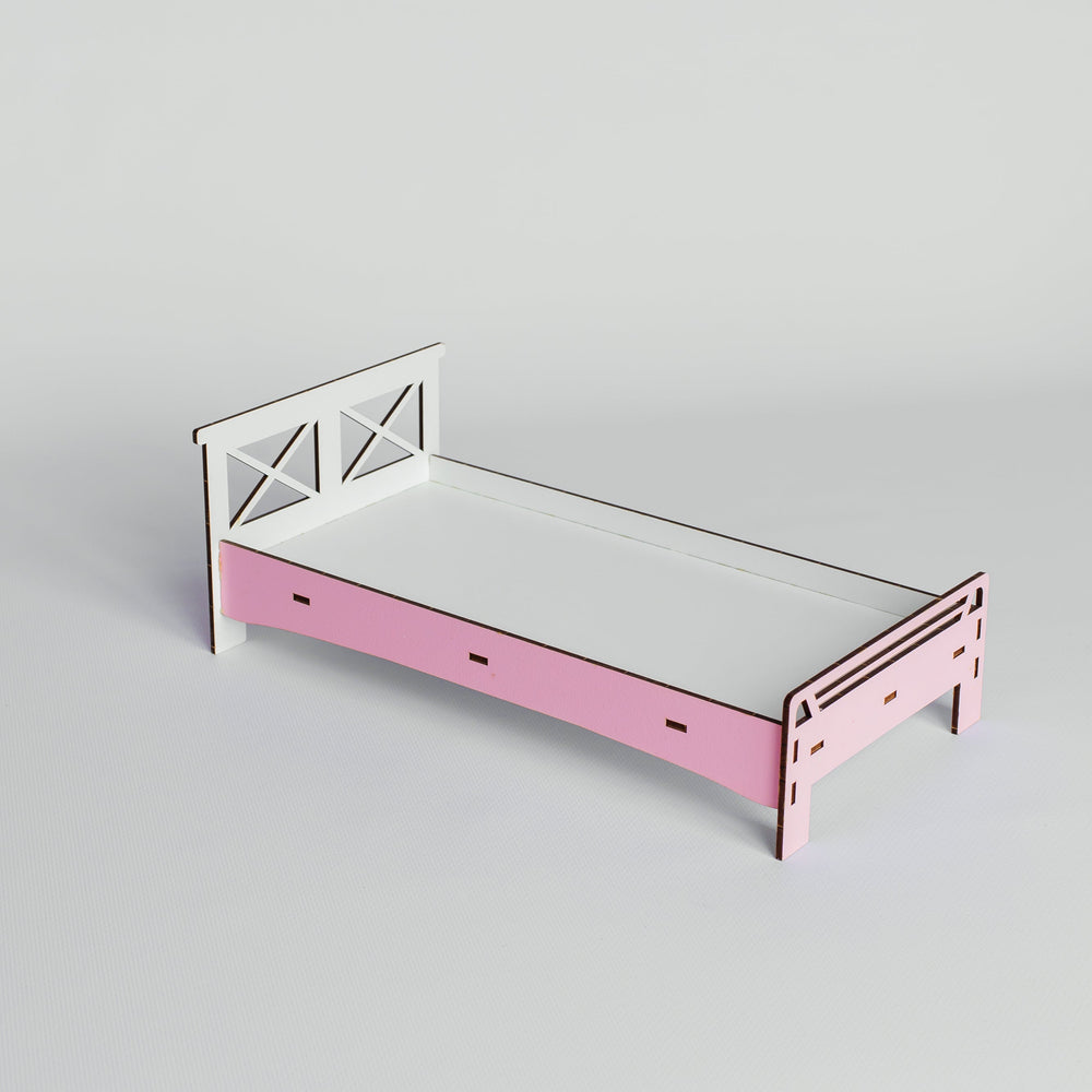 A minimalist wooden bed frame with a light pink footboard and white headboard, shown on a neutral light gray background.