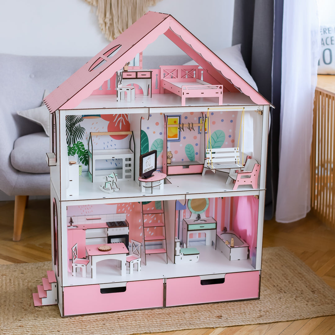 Wooden dollhouse Fantasy with organizer scale 1:6 NestWood pink