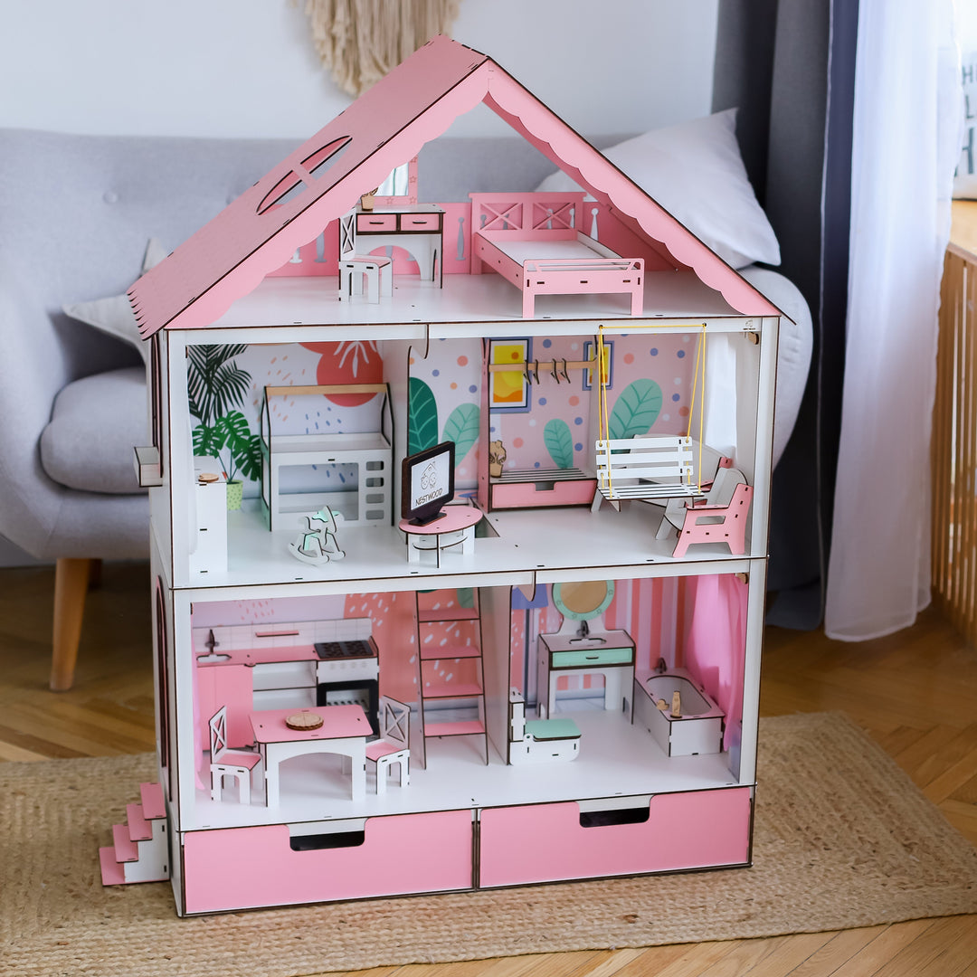 Wooden dollhouse Fantasy with organizer scale 1:6 NestWood pink