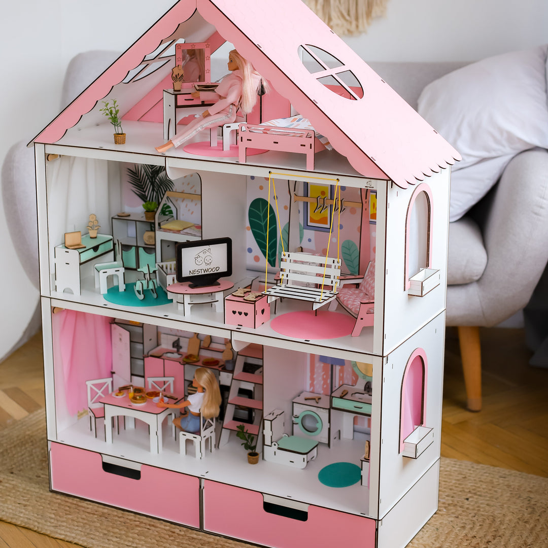 Wooden dollhouse Fantasy with organizer scale 1:6 NestWood pink