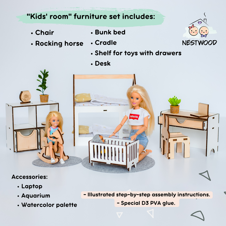 Wooden doll furniture Children's room scale 1:6 NestWood Eco