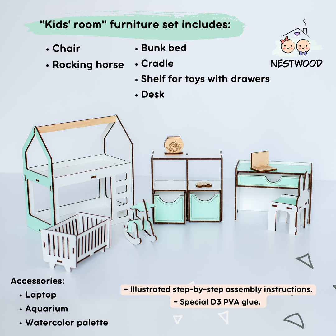 Wooden doll furniture Children's room scale 1:6 NestWood Mint